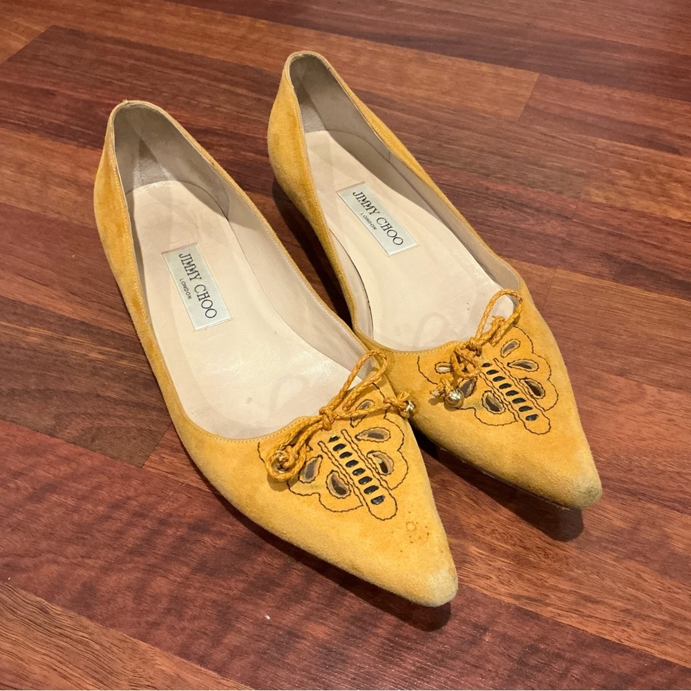 Jimmy Choo Mustard Yellow Suede Pointed-Toe Flats with Embroidery
